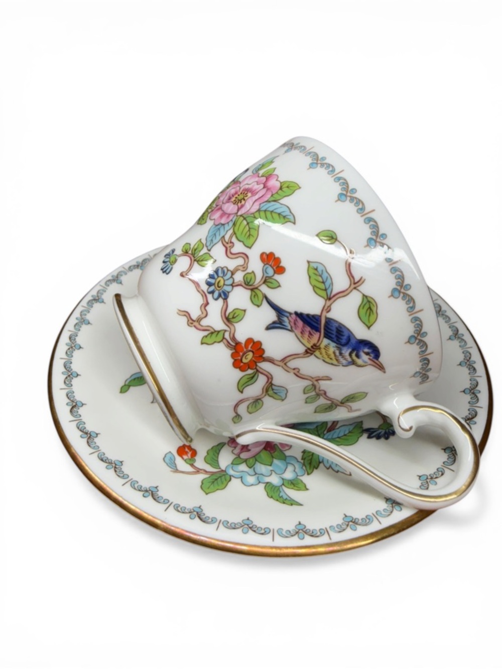 Vintage Aynsley Floral & Bird Teacup and Saucer - White with Multicolor Accents